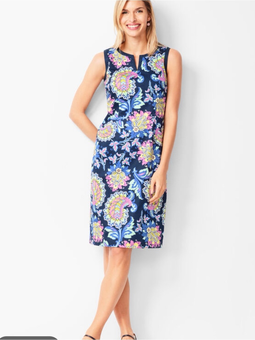Talbots Navy Sleeveless Floral Midi Dress with Pink and Yellow Accents paisley